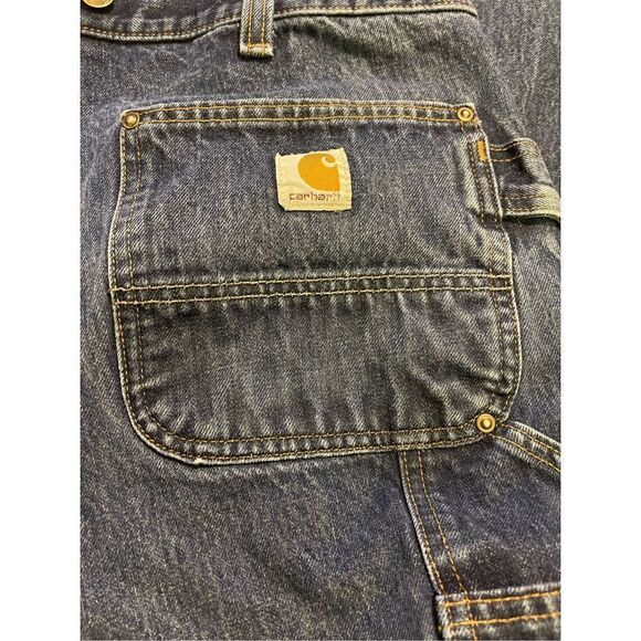 Distressed Carhartt Double knee Blue Denim Pants  Relaxed Fit Rugged Flex Utilit - Picture 10 of 16